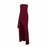 Strapless Burgundy Pleated Long Dress with Slit