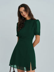 Green Chiffon Mock Neck Mini Dress