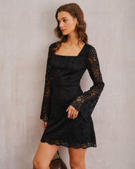Black Lace Bell Sleeve A-Line Mini Dress