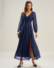 Blue V Neck A-Line Maxi Dress
