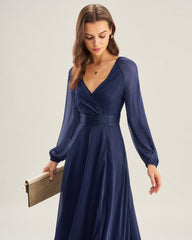 Blue V Neck A-Line Maxi Dress