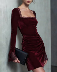 Wine Red Velour Square Neck Mini Dress
