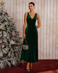 Green Velour V-Neck Sleeveless Maxi Dress