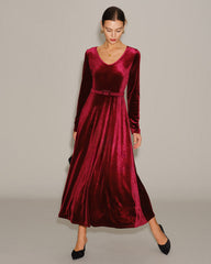 Wine Red Velour V Neck Maxi Dress