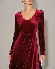 Wine Red Velour V Neck Maxi Dress