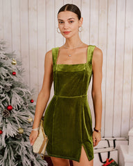 Green Velour Sleeveless Slit Mini Dress