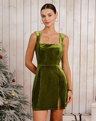 Green Velour Sleeveless Slit Mini Dress
