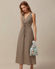 Brown V Neck Plaid Maxi Dress