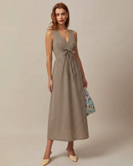 Brown V Neck Plaid Maxi Dress