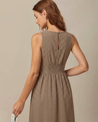Brown V Neck Plaid Maxi Dress