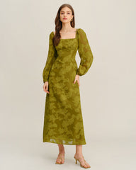 Green Floral Square Neck A-Line Maxi Dress