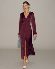 Wine Red V Neck Satin Maxi Dress