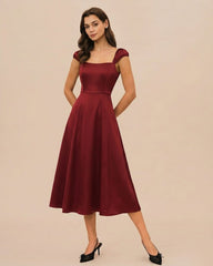 Red Sweetheart Neck Satin Midi Dress