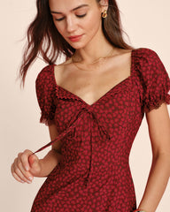 Red V Neck Lace Floral Midi Dress