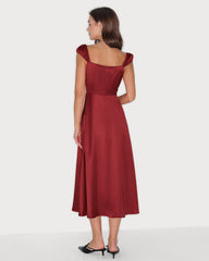Red Sweetheart Neck Satin Midi Dress