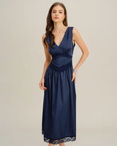 Blue V Neck A-Line Sleeveless Midi Dress