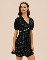 Black V Neck Lace Floral Mini Dress