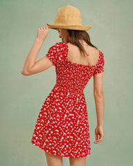 Red Square Neck Floral Mini Dress