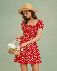 Red Square Neck Floral Mini Dress