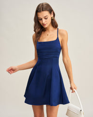 Navy Satin Pleated Slip Mini Dress