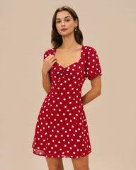Red Puffed Sleeve Polka Dot Mini Dress