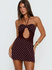Qwen Halter Cut Out Mini Dress Plum Polka Dot