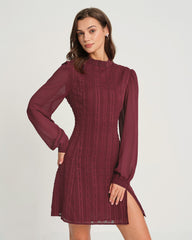 Wine Red Chiffon Mock Neck Mini Dress