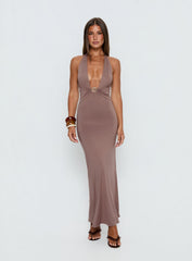 Naysana Halter Ruched Maxi Dress Mocha