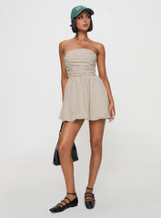 Quinette Strapless Bubble Hem Mini Dress Beige Stripe