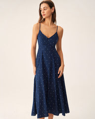Navy Polka Dot Shirred Slip Midi Dress