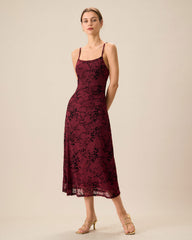 Red Floral Bodycon Slip Midi Dress