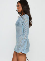 Rain Music Long Sleeve Beaded Knit Mini Dress Blue