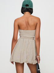 Quinette Strapless Bubble Hem Mini Dress Beige Stripe