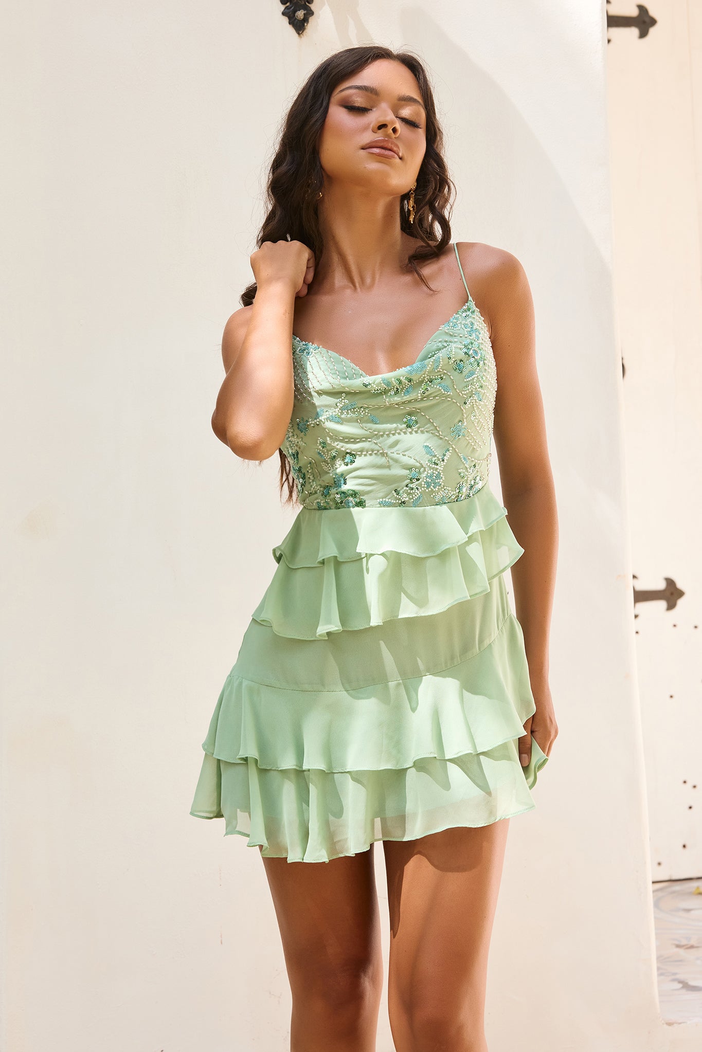 Whispered Eden Beaded Chiffon Mini Dress - Green