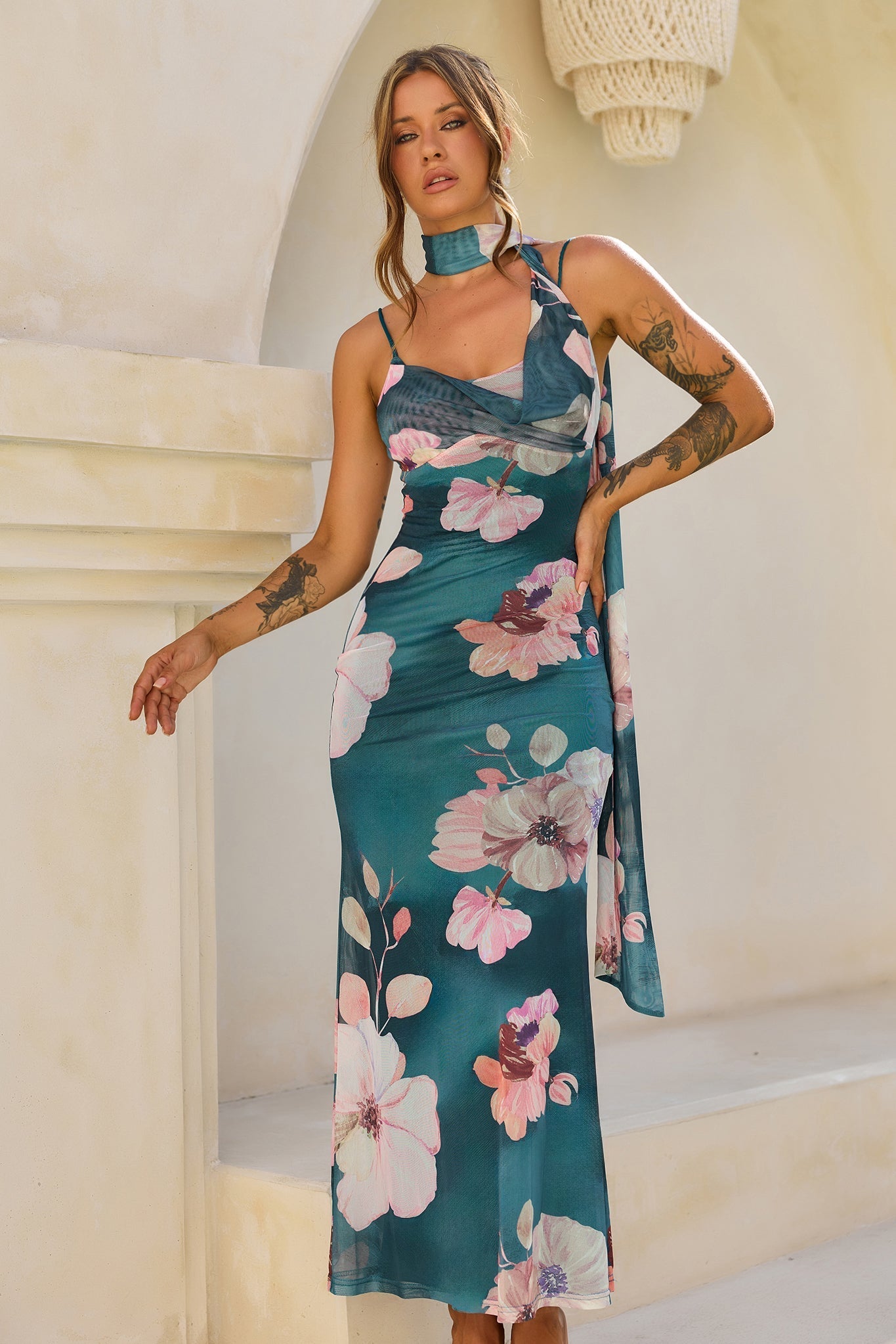 Midnight Bloom Mesh Maxi Dress - Green Multi