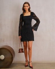Black Lace Bell Sleeve A-Line Mini Dress