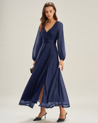 Blue V Neck A-Line Maxi Dress