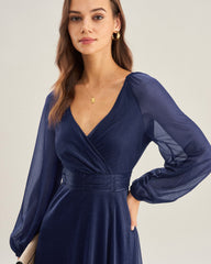 Blue V Neck A-Line Maxi Dress