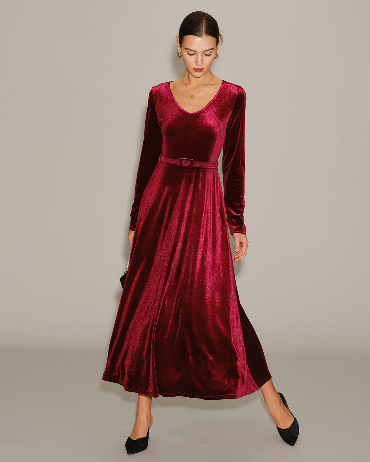 Wine Red Velour V Neck Maxi Dress