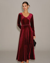 Wine Red Velour V Neck Maxi Dress
