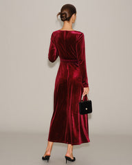 Wine Red Velour V Neck Maxi Dress