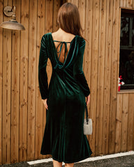 Green Velour Boat Neck Ruched Midi Dress