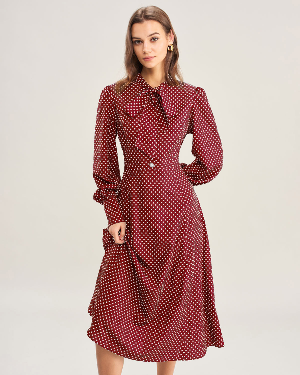Wine Red Bishop Sleeve Polka Dot Midi Dress