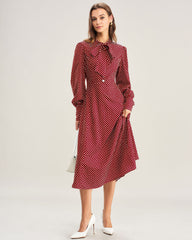 Wine Red Bishop Sleeve Polka Dot Midi Dress