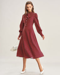 Wine Red Bishop Sleeve Polka Dot Midi Dress
