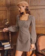 Brown Plaid Square Neck A-line Mini Dress