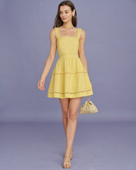 Yellow Square Neck Shirred Mini Dress