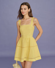 Yellow Square Neck Shirred Mini Dress