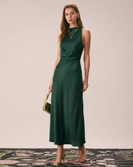 Green Cowl Neck Satin Maxi Dress