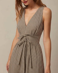 Brown V Neck Plaid Maxi Dress